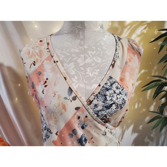 Vtg CIO 90s Y2K Faux Wrap Surplice Patchwork Floral Midi Dress Size L Fairy Boho - Picture 5 of 9